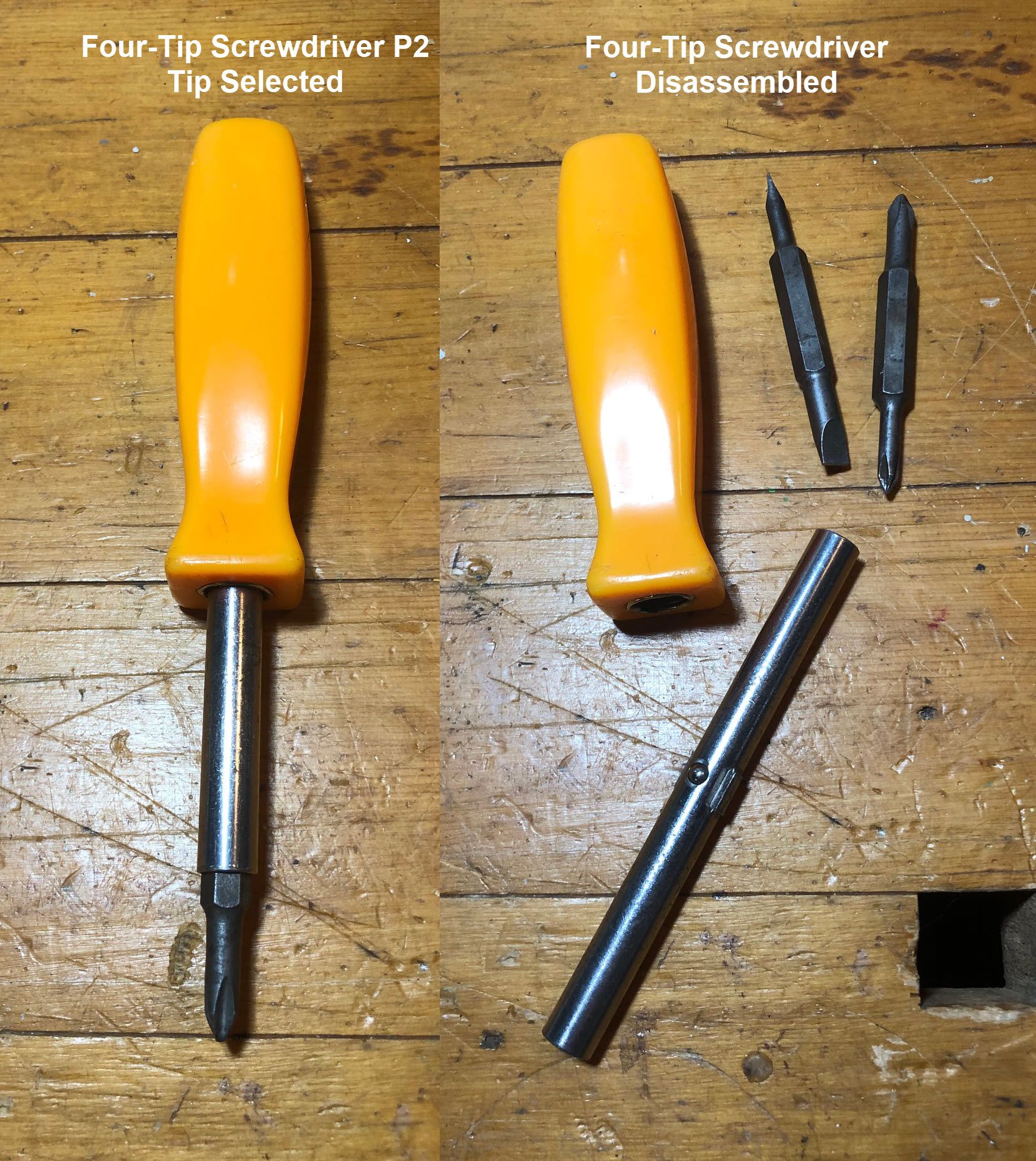 Four-tip Screwdriver with two flat and two Phillips head bits