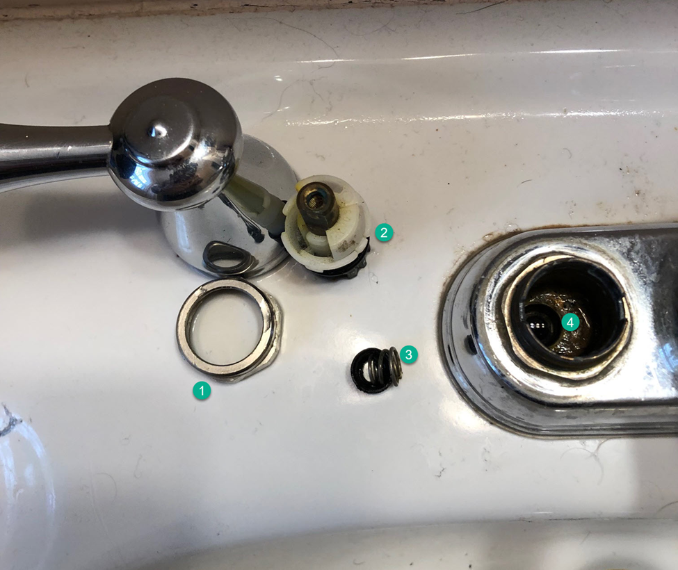 1. Valve retaining nut 2. Valve 3. Grommet and spring 4. Grommet location in the faucet body