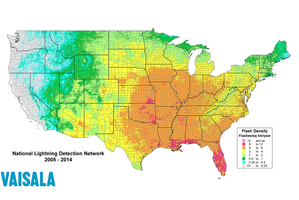 Vaisala lightning density map from NASA and other data sources.