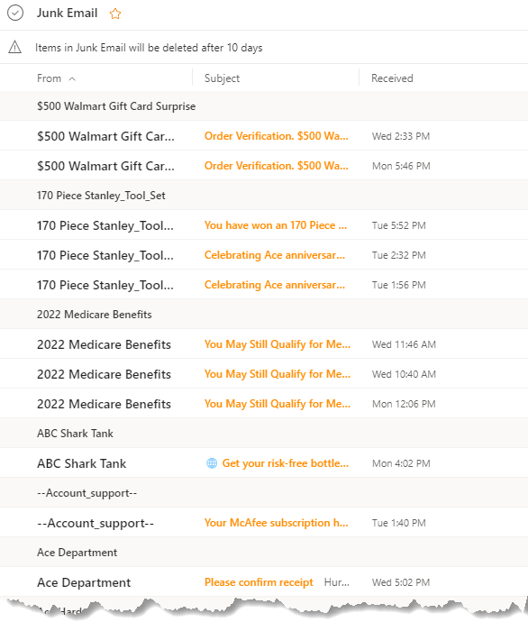 Screenshot from email client junk folder showing many spam and phishing emails