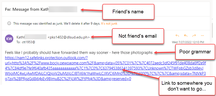 Image of an email from a compromised address book with explanations