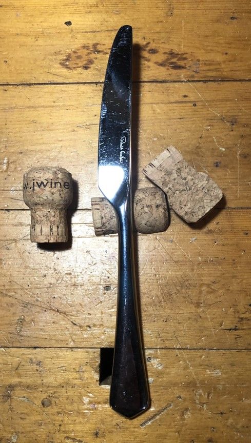 Picture of knife on a new cork knife rest in the workshop.