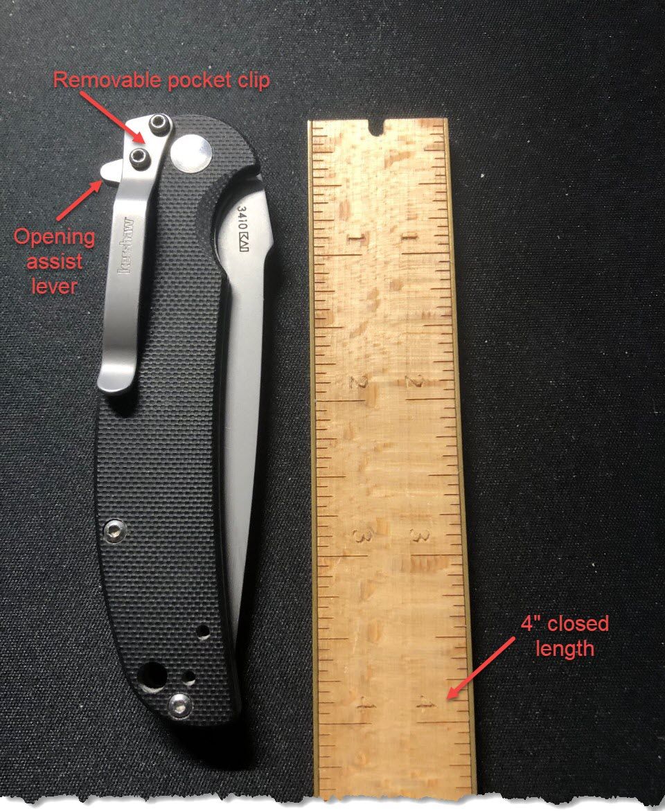 This picture shows the details of a Kershaw linerlock folding pocketknife's clip and opening assist lever for EDC