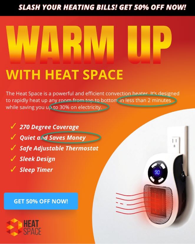 The ad inside one of the spam emails - misleading claims highlighted