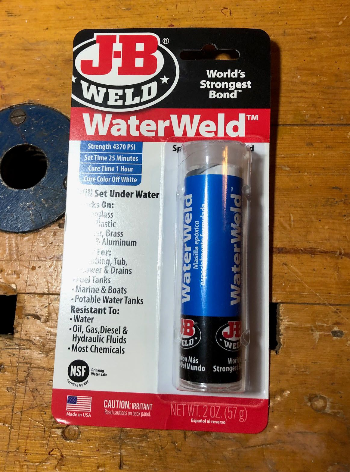 A picture of the retail package of the J-B Weld WaterWeld epoxy I used.