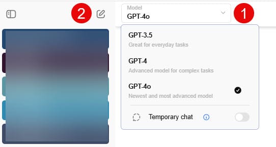 Screenshot showing the menu to select your ChatGPT model and the button to begin a new chat.
