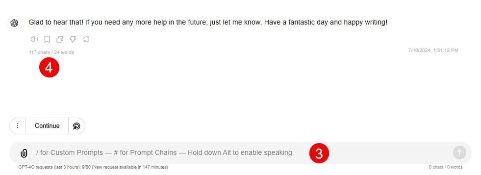 Screenshot showing the prompt field (3) and the icon to leave negative feedback (4).
