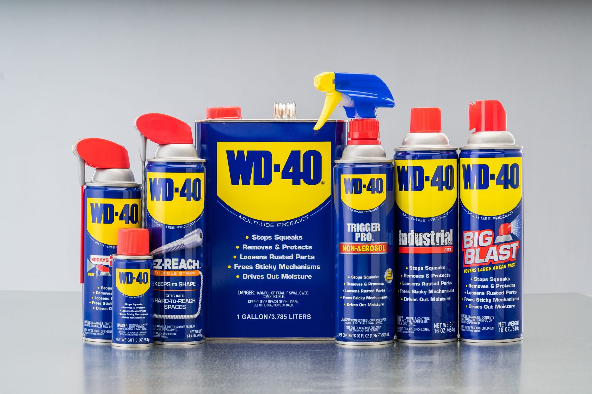 Picture showing the original WD-40 product line in different size containers.