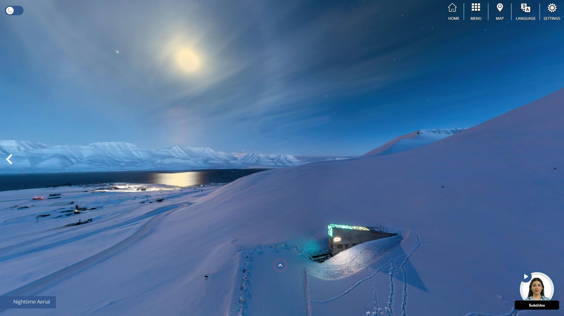 You land on this page showing a nighttime view of the landscape around the Svalbard Global Seed Depository.