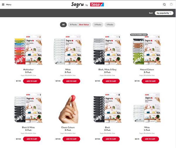 Screenshot of Sugru Catalog page Glue | Sugru