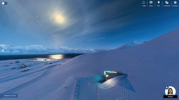 You land on this page showing a nighttime view of the landscape around the Svalbard Global Seed Depository.
