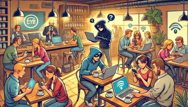 Cartoon of a coffee shop with customers on devices while a hacker steals information in the background.