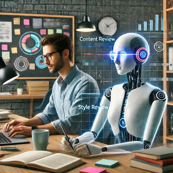 AI created image depicting ChatGPT and a robot assisting a content creator working at a laptop.
